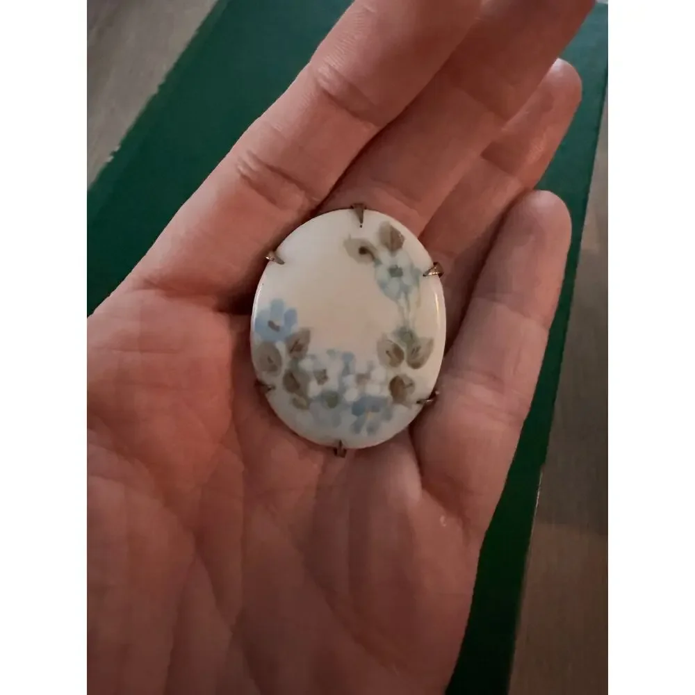 Vintage Porcelain Hand Painted Blue Forget Me Nots Brooch